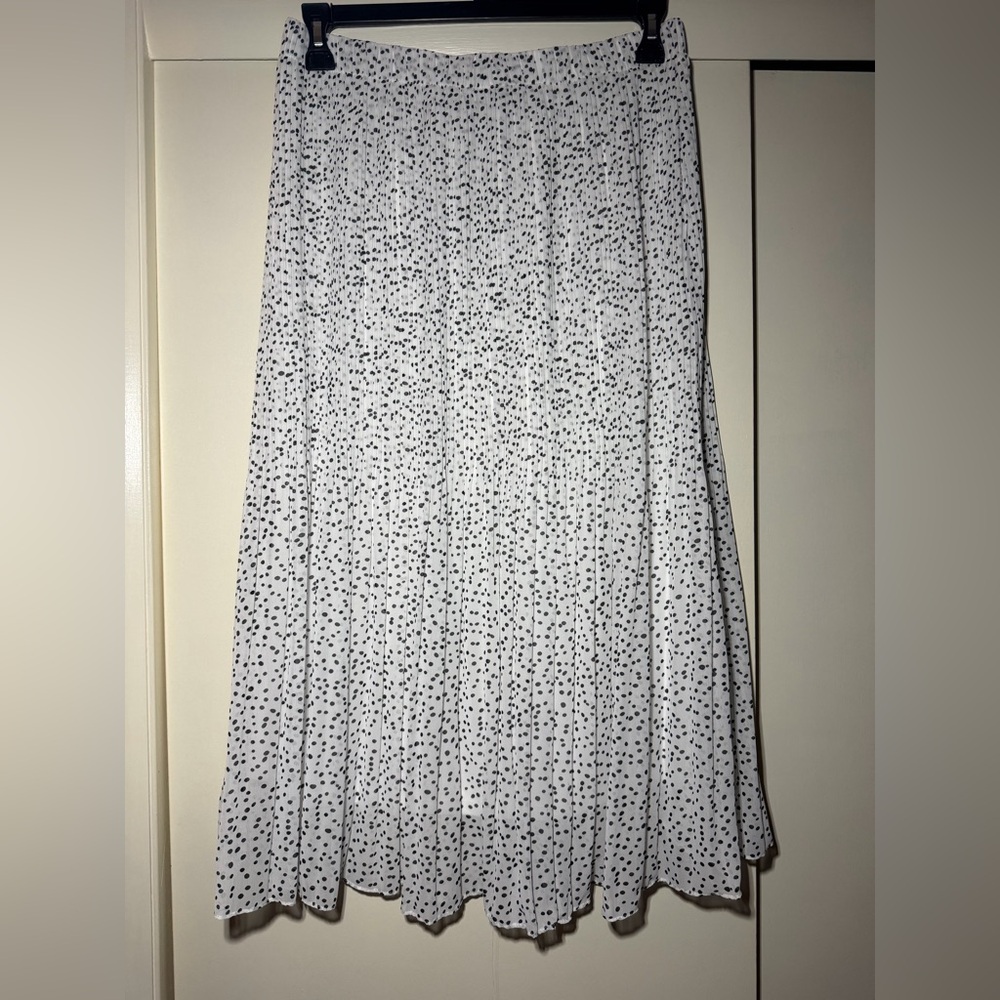 White Polka Dot Pleated Midi Skirt Fully Lined size L